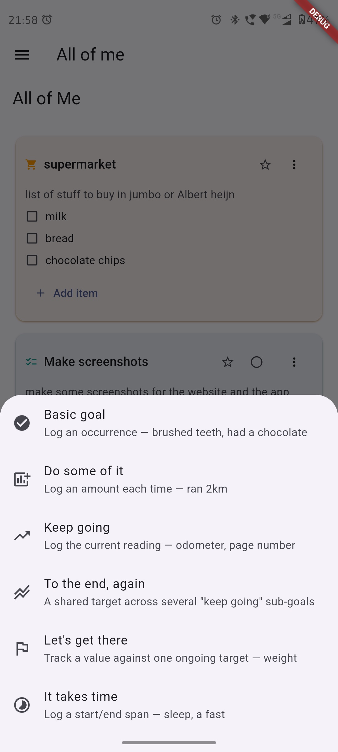 Screenshot: Goal Types